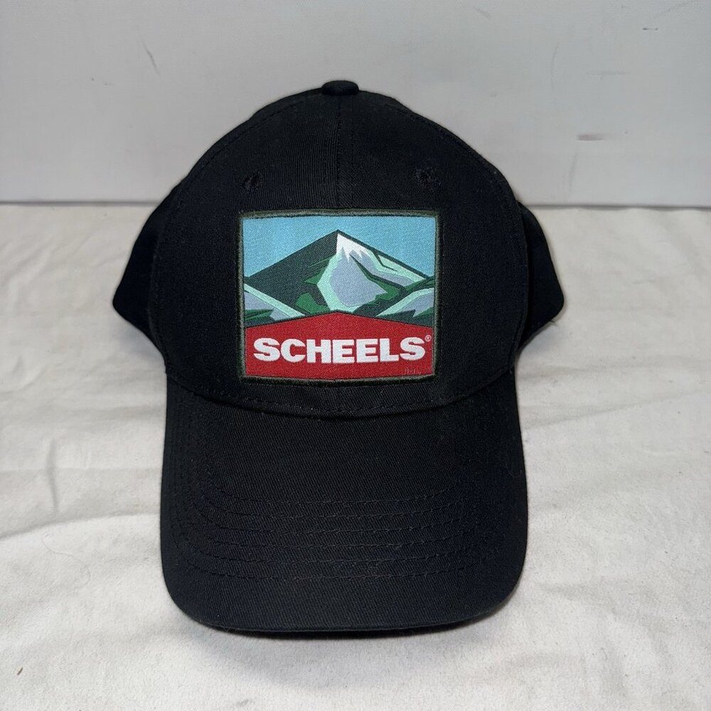 Scheels SnapBack Baseball Trucker Cap Hat Black Logo Mountain Embroidered